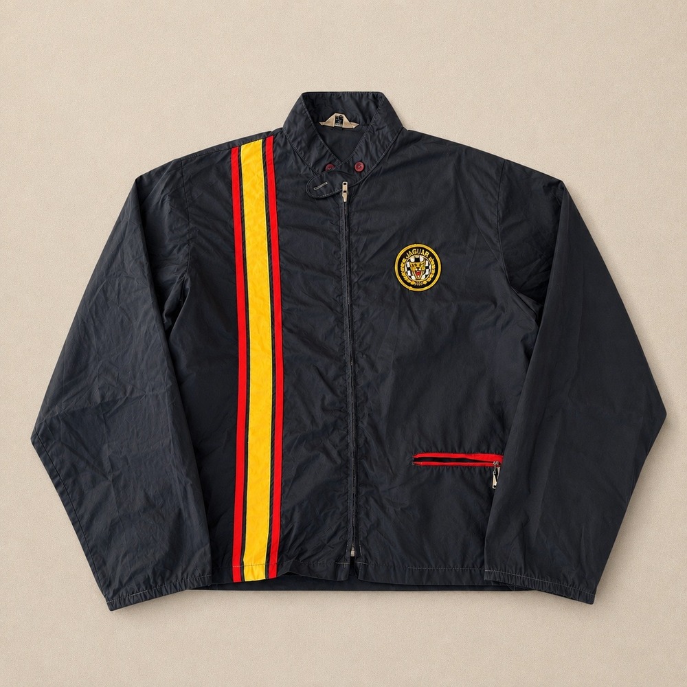Vintage 70s K Mart Jaguar Racing Japan Jacket‎ Navy Blue Yellow Red Stripe L